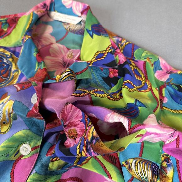 Vintage Bella Camicie Shirt Womens Small Silk Hawaiian Floral Fish Print 90s - Picture 11 of 13